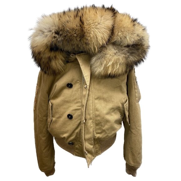 100% Authentic AMIRI Khaki Hooded Fur Bomber Jacket Size 46EU 36UK - Picture 1 of 12